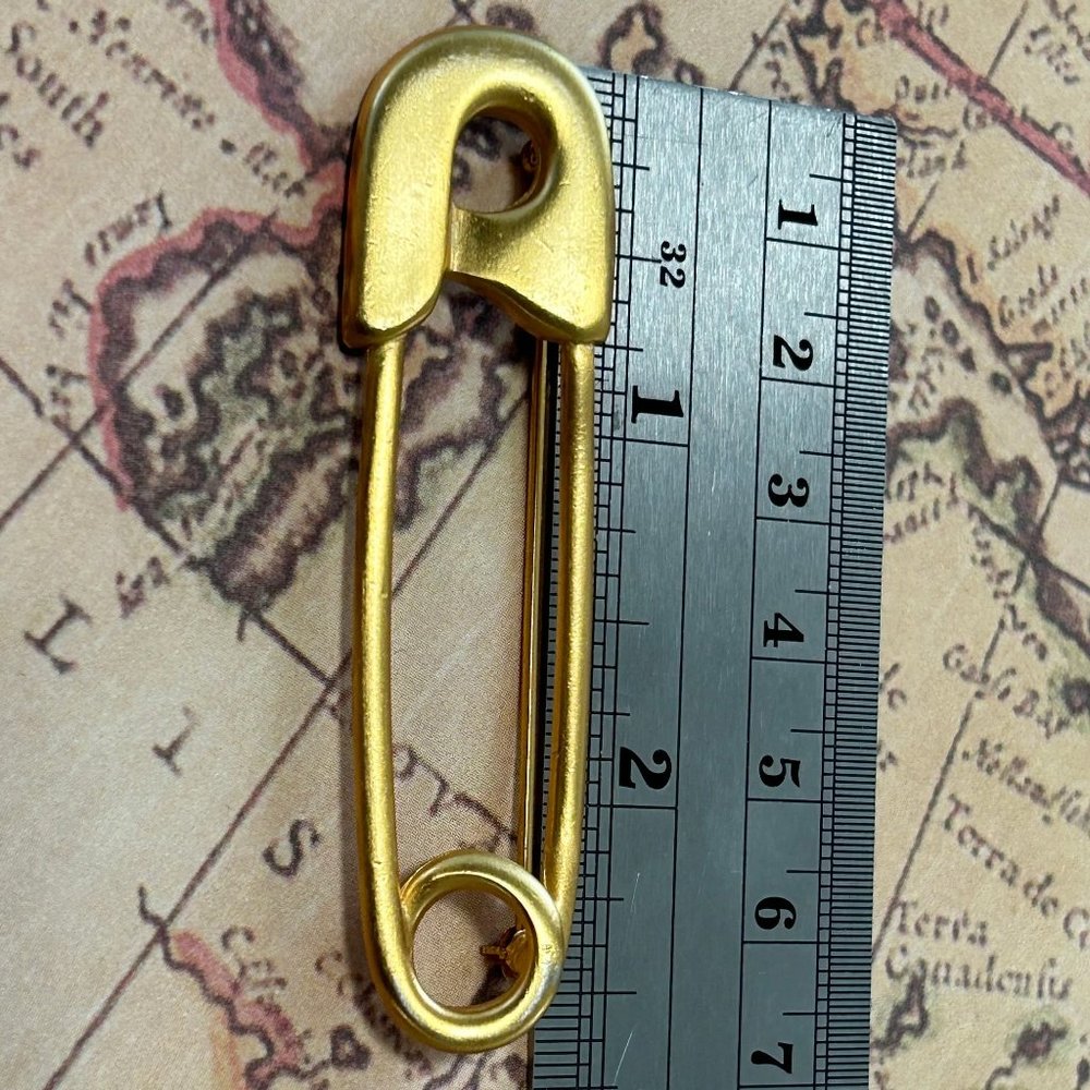 Designer Vintage Gold Tone Satin Finish Large Safety Pin Figural Brooch Pin